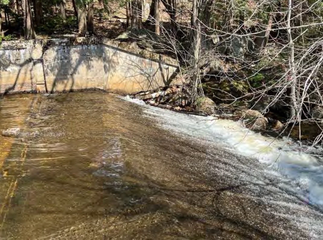 Water flowing over the concrete spillway past a cracked training wall with trees growing beside it
